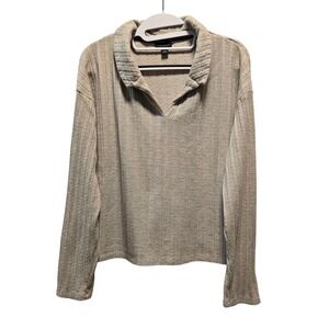 Tahari Womens XL Ribbed Long Sleeve Collared Sweater Neutral Tan Ribbed Knit Top